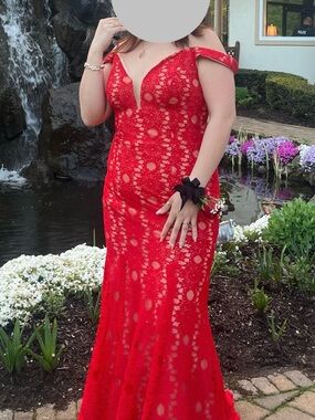 Off-Shoulder Red Lace Prom Gown with Plunging V-Neck